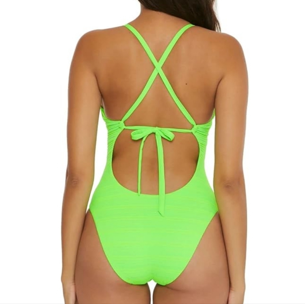 Becca Ariyah Cutout Plunge One Piece Swimsuit NEW Womens Large Neon Green Gold - Picture 2 of 11